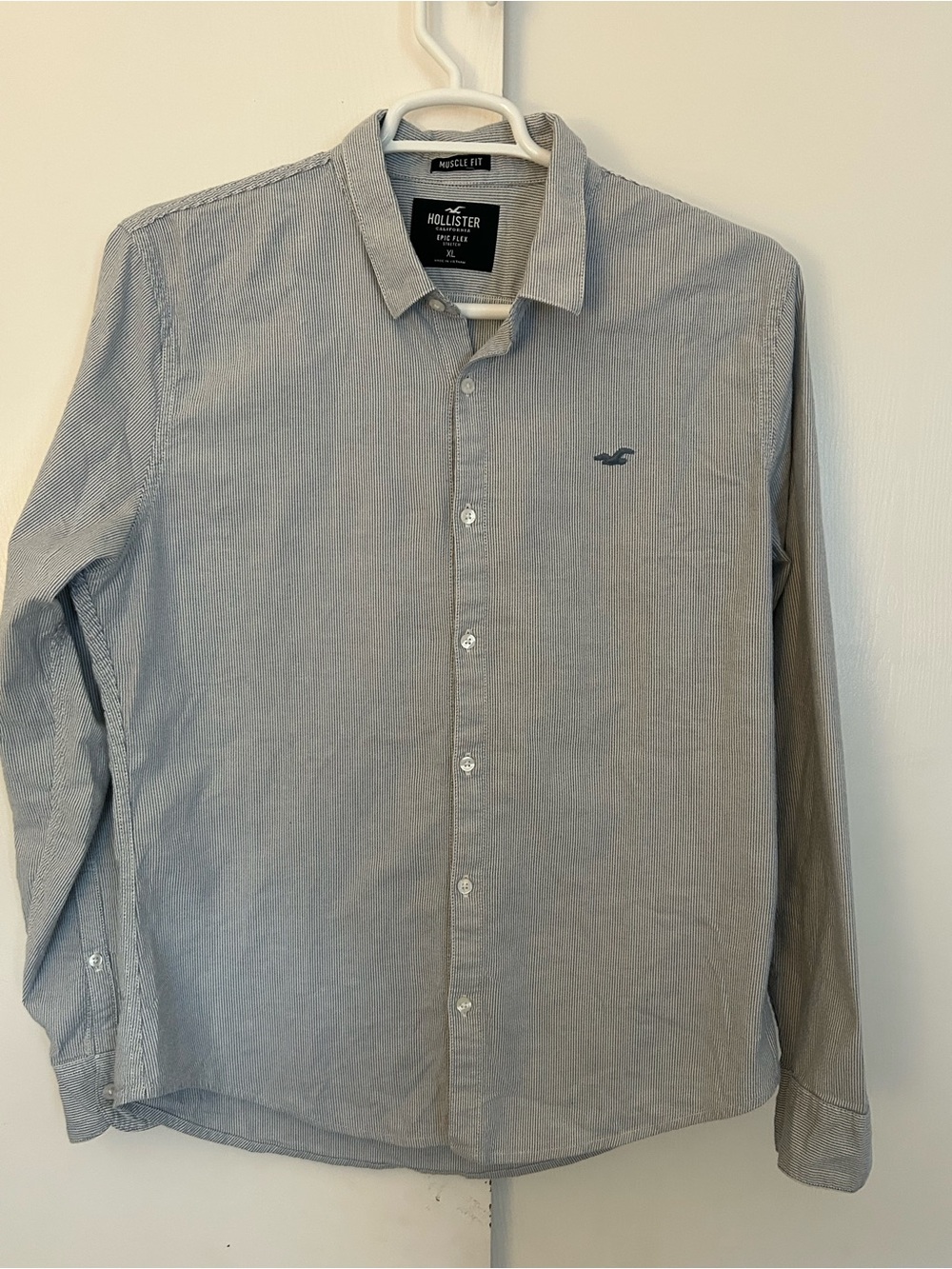 Hollister Men's Light Gray Long-Sleeve Button-Down Shirt with Logo
